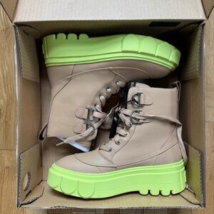 Sorel Beige Leather Lace-Up Boots with Neon Lime Platform